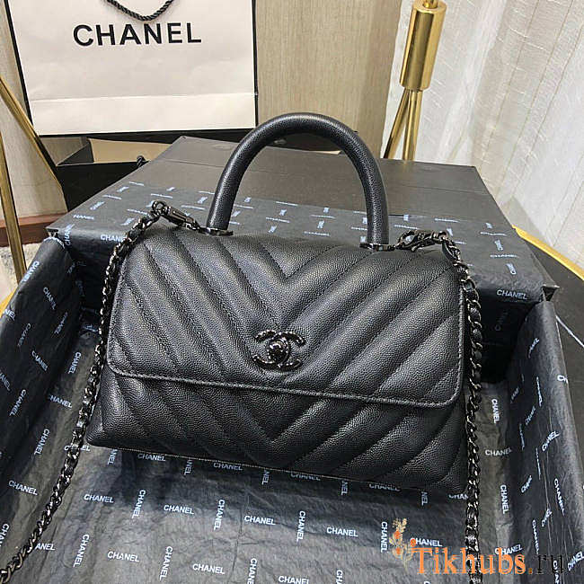 Chanel Coco Handle Chevron Black Cavier Black HW 23cm - 1