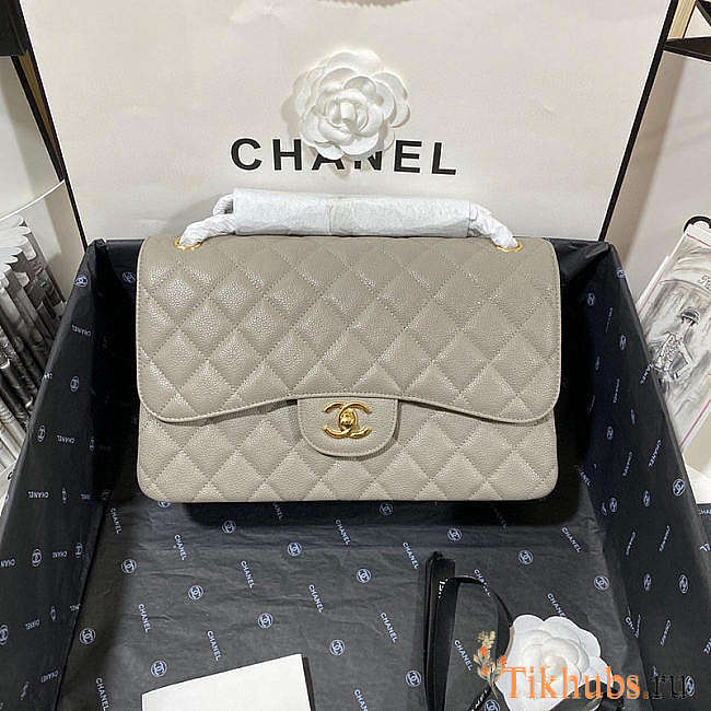 Chanel Flap Bag Jumbo Caviar Gray Gold 30cm - 1