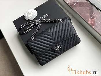 Chanel Medium Flap Bag Chevron Black Caviar Silver 25cm