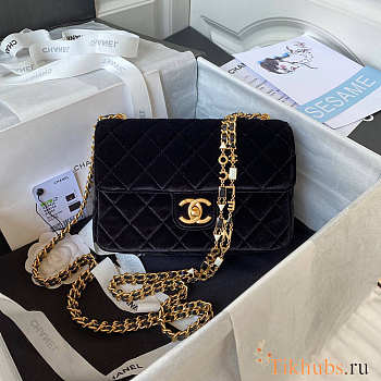 Chanel Small Flap Bag Black Gold Velvet 20.5x17x6.5cm