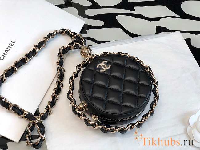 Chanel Small Round Bag Lambskin Black Gold 11×11×4cm - 1