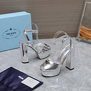 Prada Logo Plaque Platform Heeled Sandals Silver 13.5cm - 1