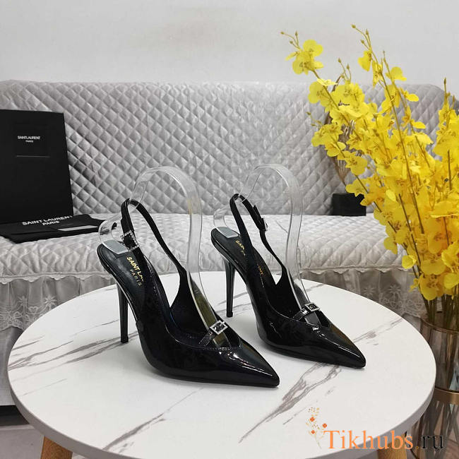 YSL Luna Slingback Pumps Black Patent Leather Heel 10.5cm - 1