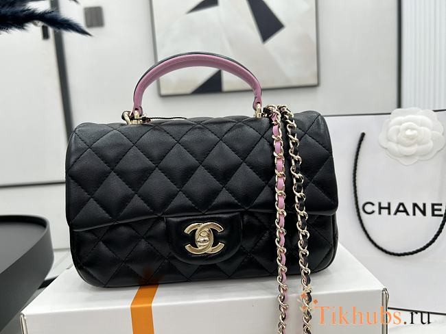 Chanel Mini Flap Bag With Top Handle Black Pink 20x12x6cm - 1