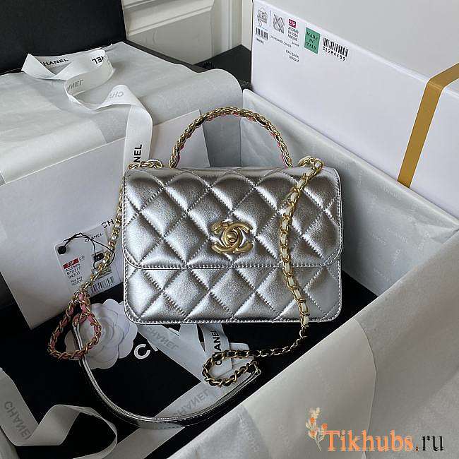 Chanel Mini Flap Bag With Top Handle Silver Gold 20x14x7.5cm - 1