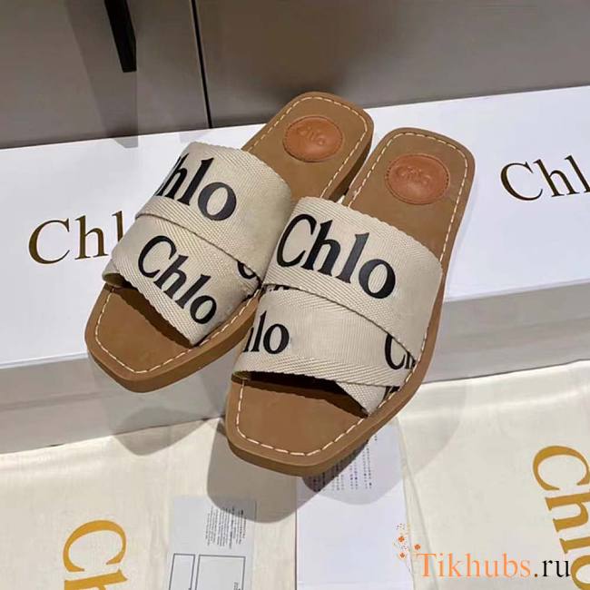 Chloe Woody Flat Mule in Canvas Beige - 1