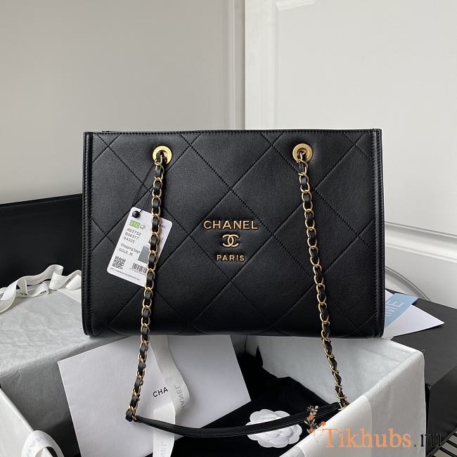 Chanel Shopping Tote Bag Leather Black Gold 34x24x13cm - 1