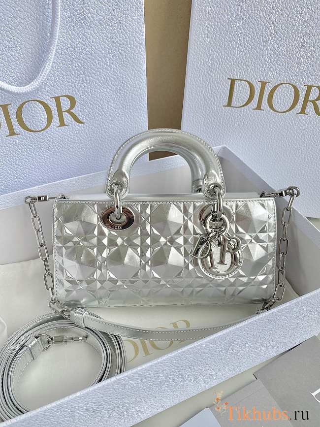 Dior Small Lady D-joy Bag Silver Tone Metallic Diamond Motif 22 x 12 x 6 cm - 1