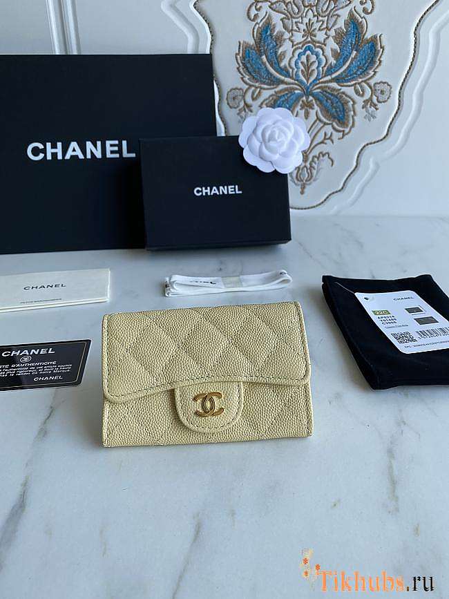 Chanel Card Holder Wallet Caviar Beige Gold 11x8.5x3cm - 1