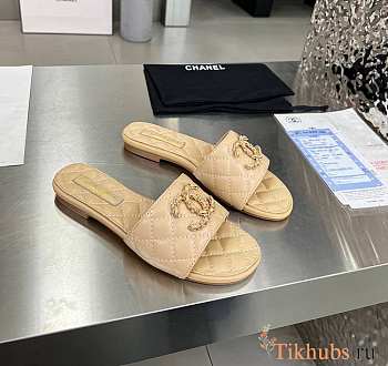 Chanel 23P Gold CC Mules Slide Sandal Beige