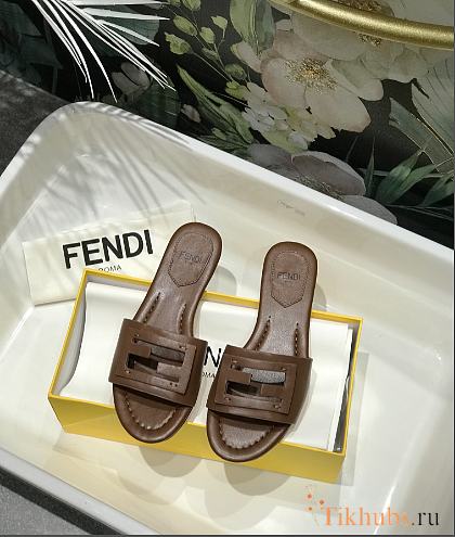 Fendi Signature Brown Leather Slides - 1