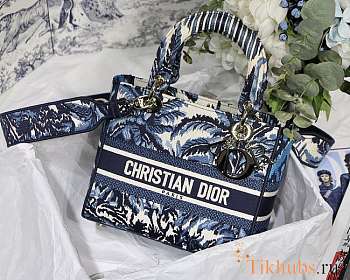 Dior Lady D-Lite Bag Blue Tree Embroidery Size 24 cm