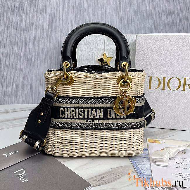 Dior Medium Lady Natural Wicker Bag Black M0565 Size 24 x 20 x 11 cm - 1