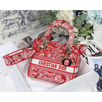 Dior Lady D-Lite Bag Toile de Jouy Reverse Embroidery in Red 24x20x11cm