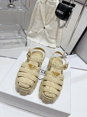 Prada Monolith Crochet Cage Sandals Natural