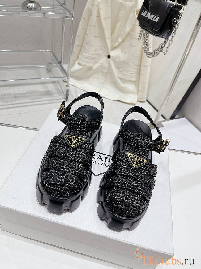 Prada Monolith Crochet Cage Sandals Black - 1