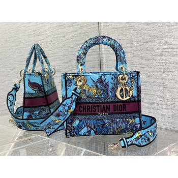 Dior Medium Lady D-Lite Bag Celestial Blue Multicolor Toile de Jouy 24 x 20 x 11 cm