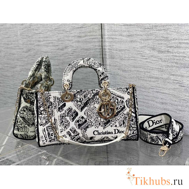Dior Medium Lady D-Joy Bag White and Black Plan de Paris 26 x 13.5 x 5 cm - 1