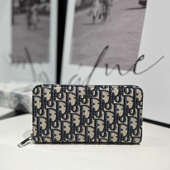 Dior Long Zip Wallet Beige Black Oblique Print 19.5x10.5x3cm