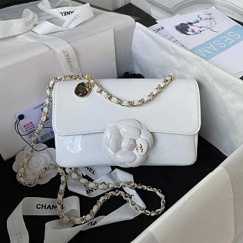 Chanel 2023 Patent Leather Camellia Catwalk Style Chain Bag White 20cm