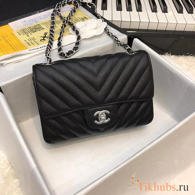 Chanel Mini Flap Bag Chevron Caviar Rectangular Black Silver 20cm - 1