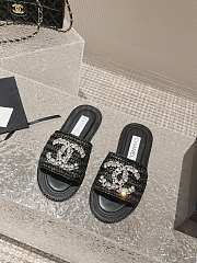 Chanel Black Rafia Crystal Mules Sandals - 1