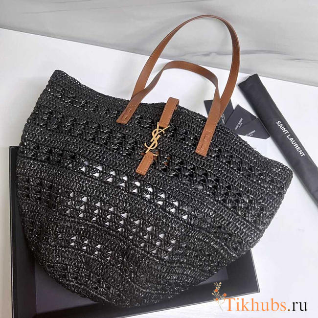 YSL Panier Medium Bag Crochet Raffia Black 48x30x26cm - 1