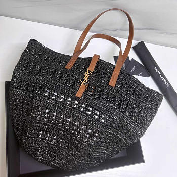 YSL Panier Medium Bag Crochet Raffia Black 48x30x26cm