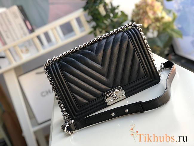 Chanel Leboy Bag Chevron Black Lambskin Silver Hardware 25cm - 1