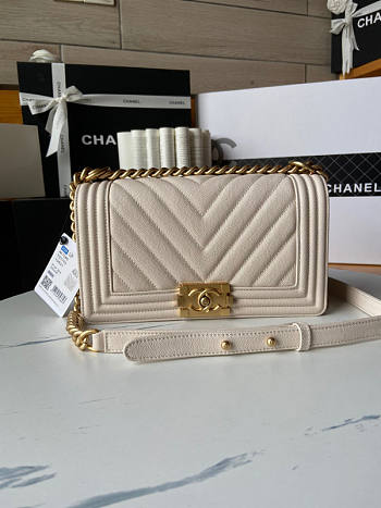 Chanel Leboy Chevron White Caviar Gold 25cm