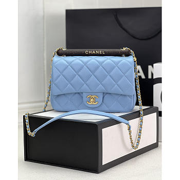 Chanel Small Handle Flap Bag Lambskin Wood Gold Blue 21x13.5x6cm