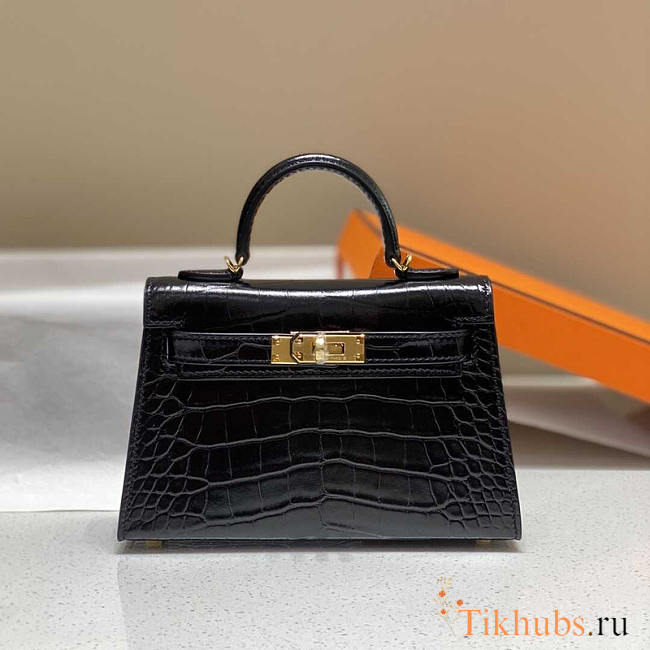 Hermes Black Shiny Alligator Mini Kelly 20 Gold Hardware 19cm - 1