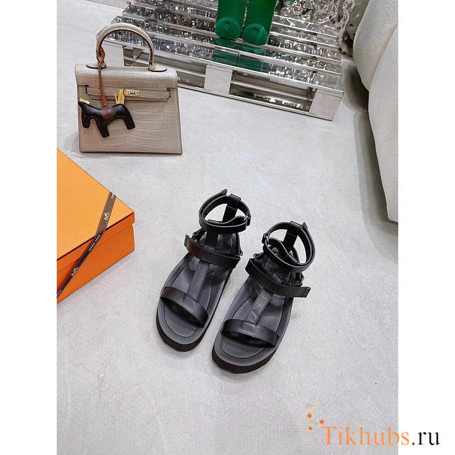 Hermes Enid Leather Gladiator Sandals Black - 1