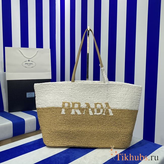 Prada Raffia Leather Tote Bag Tan White 38x31.5x15cm - 1