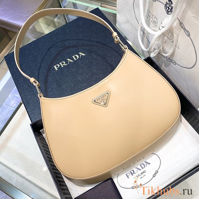 Prada Cleo Brushed Leather Shoulder Bag Beige 27x21x5cm - 1