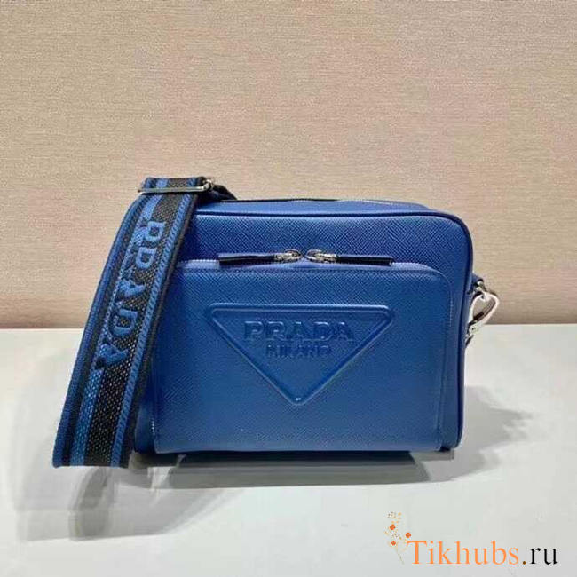 Prada Saffiano Leather Shoulder Bag Blue 24x18x6cm - 1