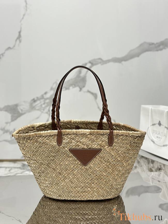 Prada Woven Palm and Leather Tote Beige Cognac 25x25x18cm - 1