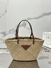 Prada Woven Palm and Leather Tote Beige Cognac 25x25x18cm - 1