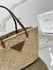 Prada Woven Palm and Leather Tote Beige Cognac 25x25x18cm - 4