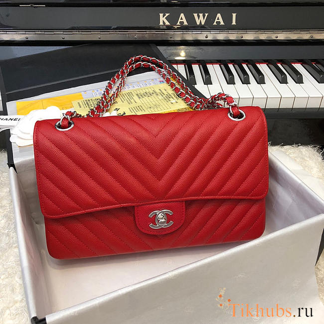 Chanel Flap Bag Chevron Red Caviar Silver 25cm - 1