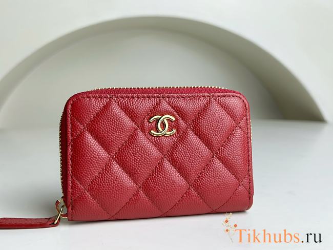 Chanel Classic Zipped Coin Purse Red Gold Caviar 7.5x11x2cm - 1