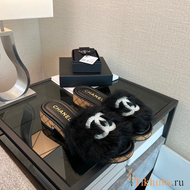 Chanel CC 22B Logo Fur Shearling Slides Sandals - 1