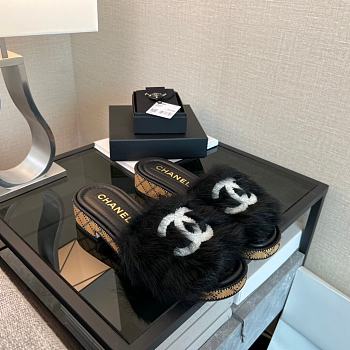 Chanel CC 22B Logo Fur Shearling Slides Sandals