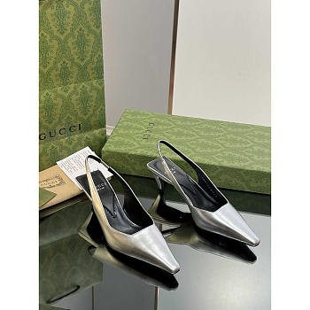 Gucci Ladies Back Lace Up Pumps Leather Silver 6cm