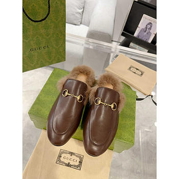 Gucci Princetown Brown Leather Fur Lined Horsebit Mules 