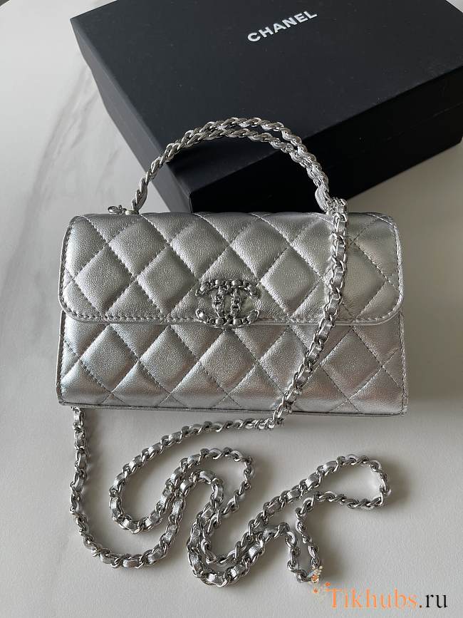 Chanel Flap Chain Bag Silver With Handle 18x10x4.5cm - 1