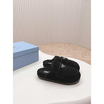 Prada Logo-Plaque Shearling Slippers Black