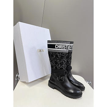 Dior D-Major Boot Calfskin With Cannage Tweed Black