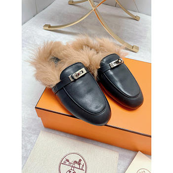 Hermes Fur Loafers Silver Black