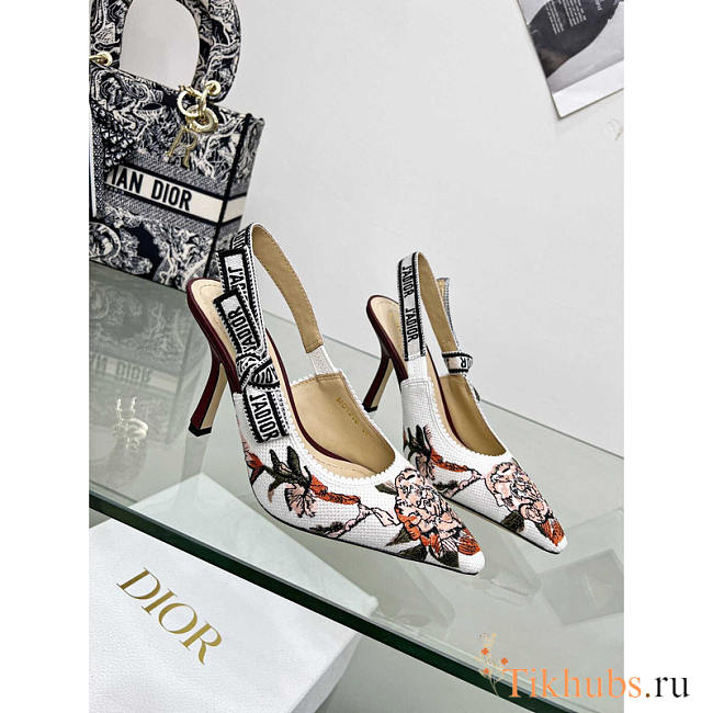 Dior J'Adior Slingback Pump Embroidered Cotton White Multicolor 10cm - 1